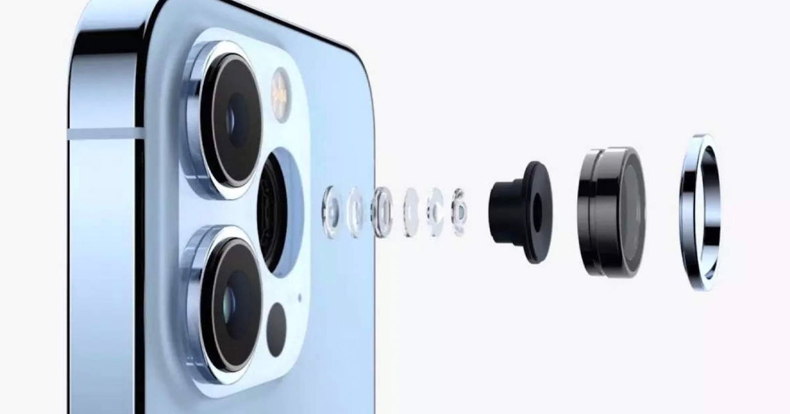 Exploded view of a smartphone camera system showcasing its multiple lenses and components.