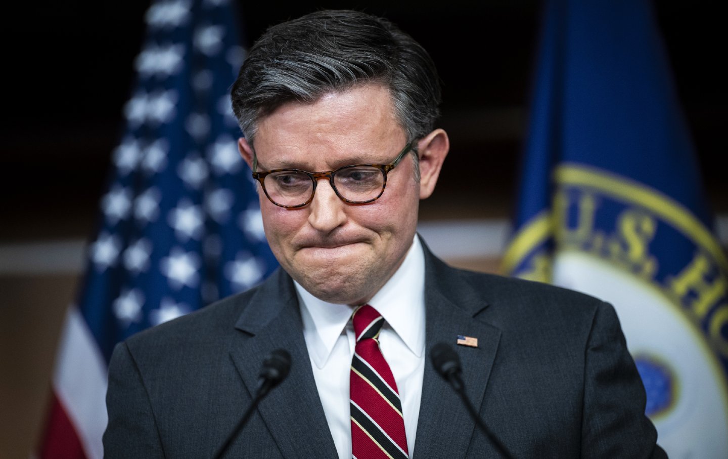 House Speaker Mike Johnson, a Republican from Louisiana, speaks during a news conference at the US Capitol in Washington, D.C., on February 14, 2024.