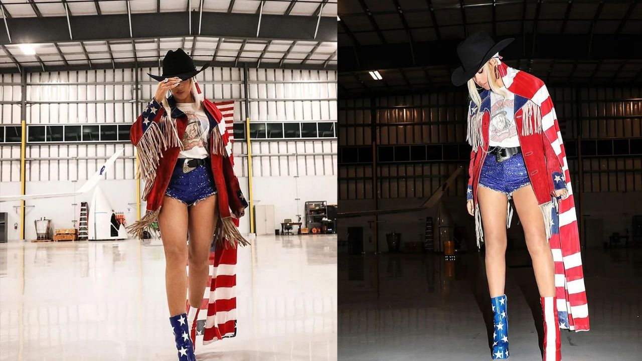 Beyonce Showcased Her American Pride in a Patriotic Fringe Jacket, Swarovski Shorts, an Amina Iris bag, and a Willie Nelson Tee That You Can Shop Here! – Fashion Bomb Daily