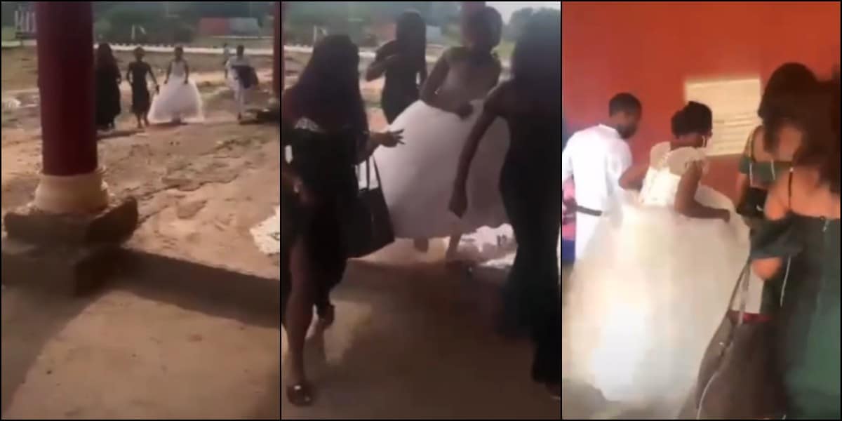 Bride arrives on wedding day with bridesmaids to write her exams