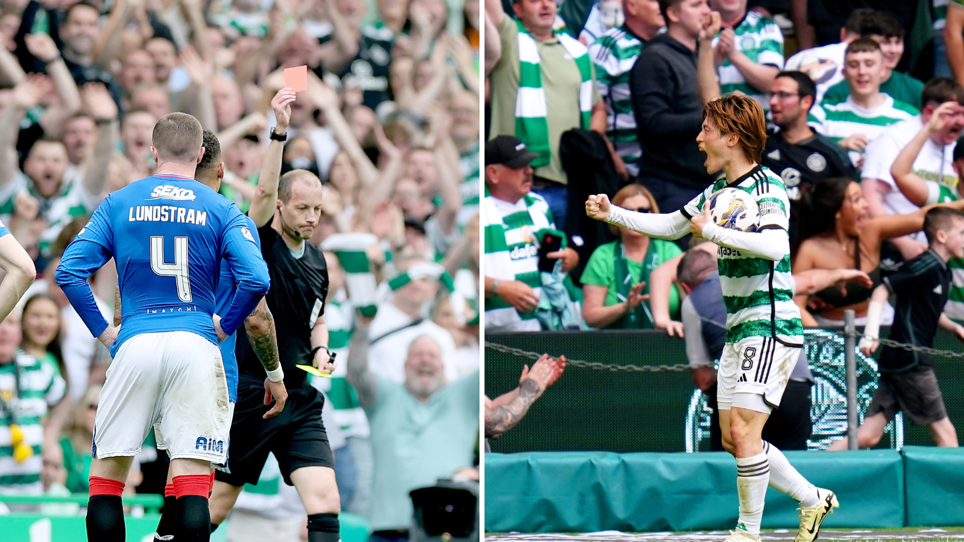 Celtic v Rangers LIVE SCORE as Butland SAVES O’Riley penalty with Lundstram SENT OFF after own goal and Dessers goal