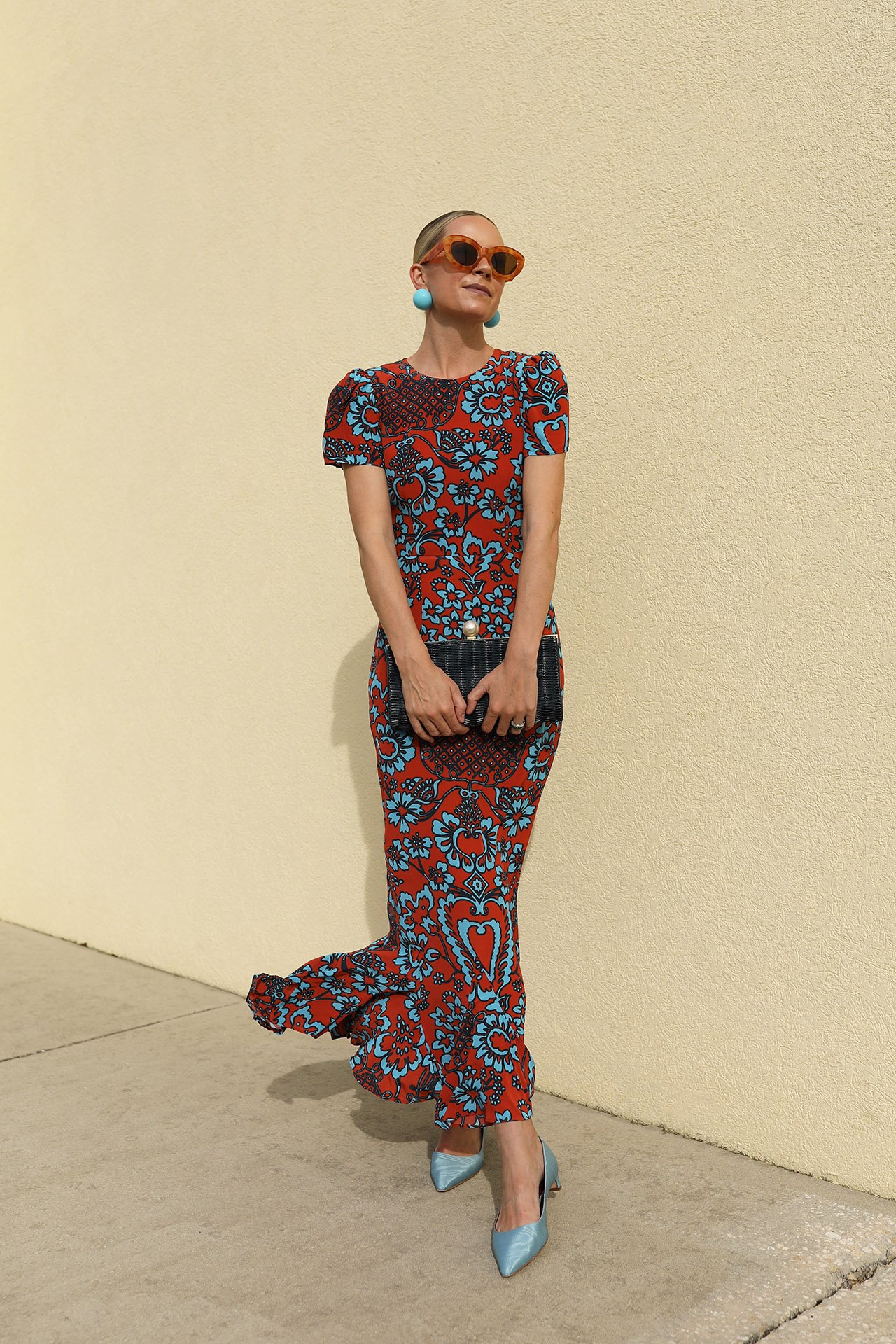 rhode dress, printed maxi dress, kate spade shoes