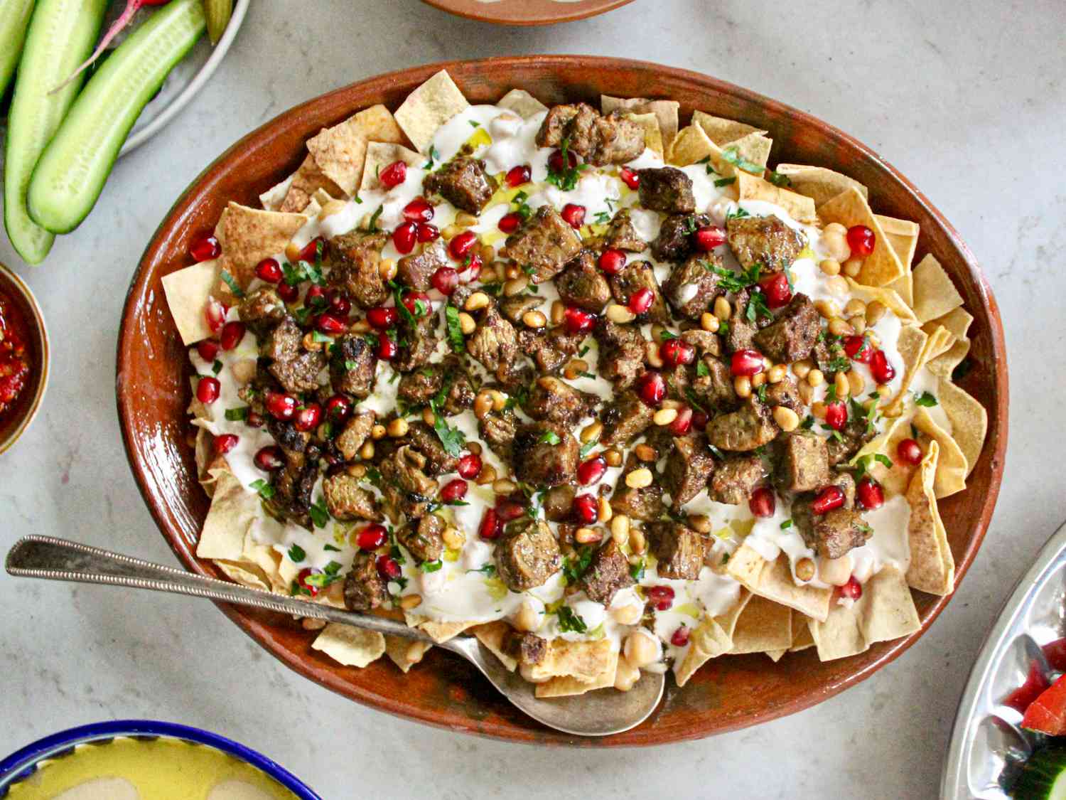 Hummus Fatteh (Hummus With Crisp Pita, Fried Meat, and Pine Nuts) Recipe