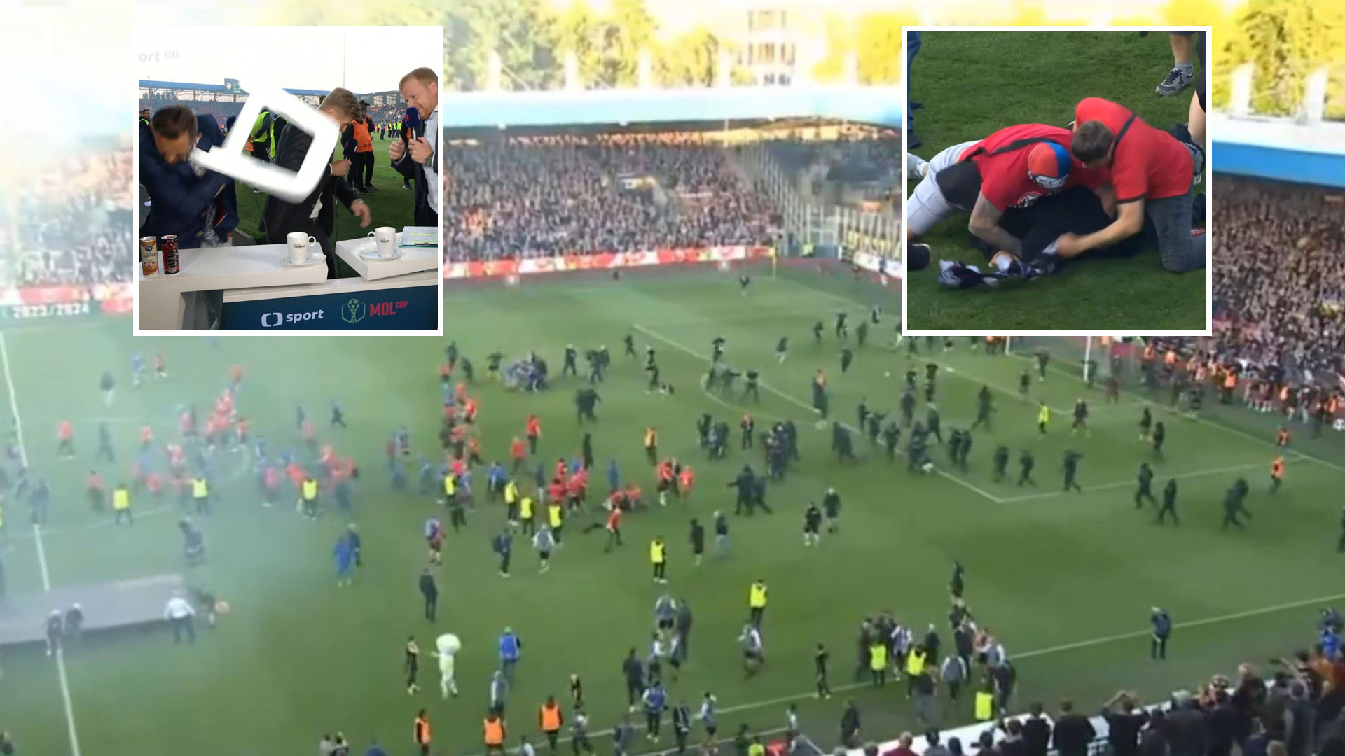 Major European cup final descends into chaos with players rushed to safety as fans storm pitch and commentators attacked