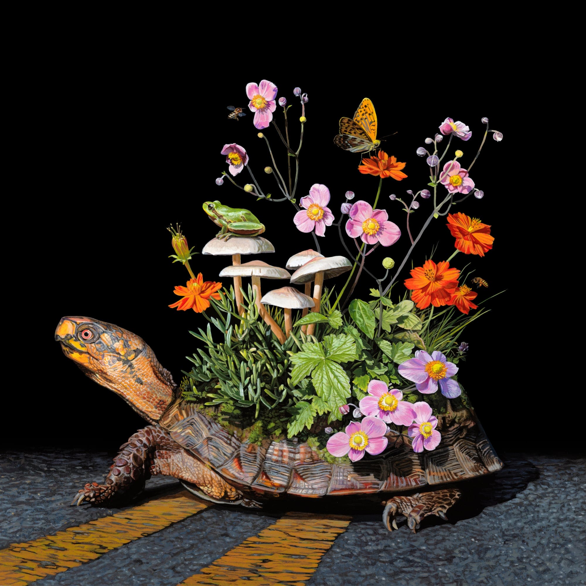 a painting of a turtle crossing a road with a garden on its back