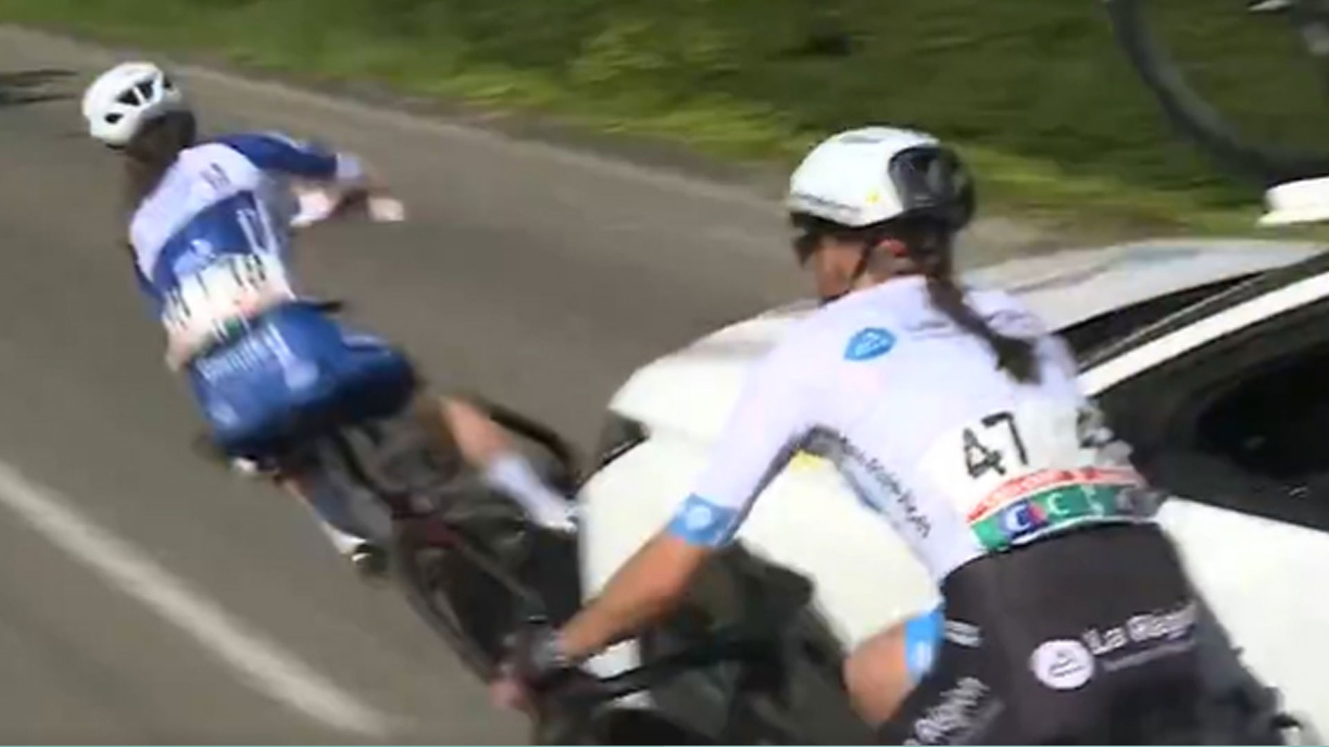 Shocking moment cyclist is hit by team car then run over by rival as commentator gasps in horror