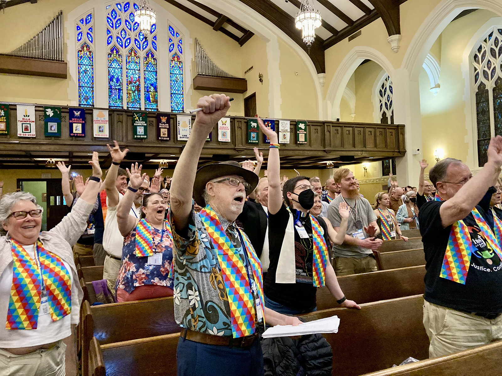 First United Methodist Church in Charlotte, N.C., hosted hundreds of LGBTQ people and their allies May 1, 2024, for a celebratory sing-along after the United Methodist General Conference lifted a ban on gay ordination. (RNS photos/Yonat Shimron)