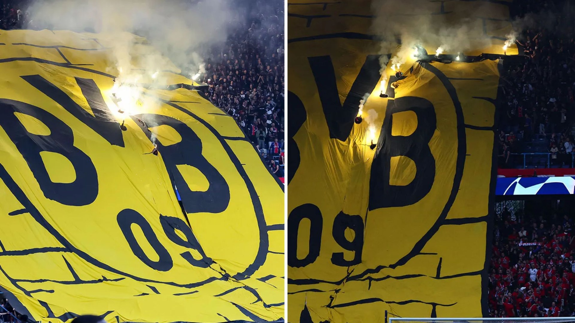 Watch as Dortmund fans’ tifo is set alight after ‘flares are thrown at it’ before Champions League semi-final vs PSG