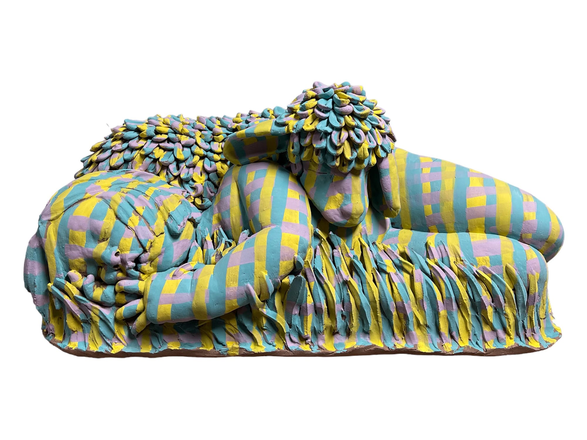 a ceramic sculpture of a young girl that lays sleeping, a lamb resting on her while it sleeps as well. the entirety of the sculpture is blanketed in a striped pattern.