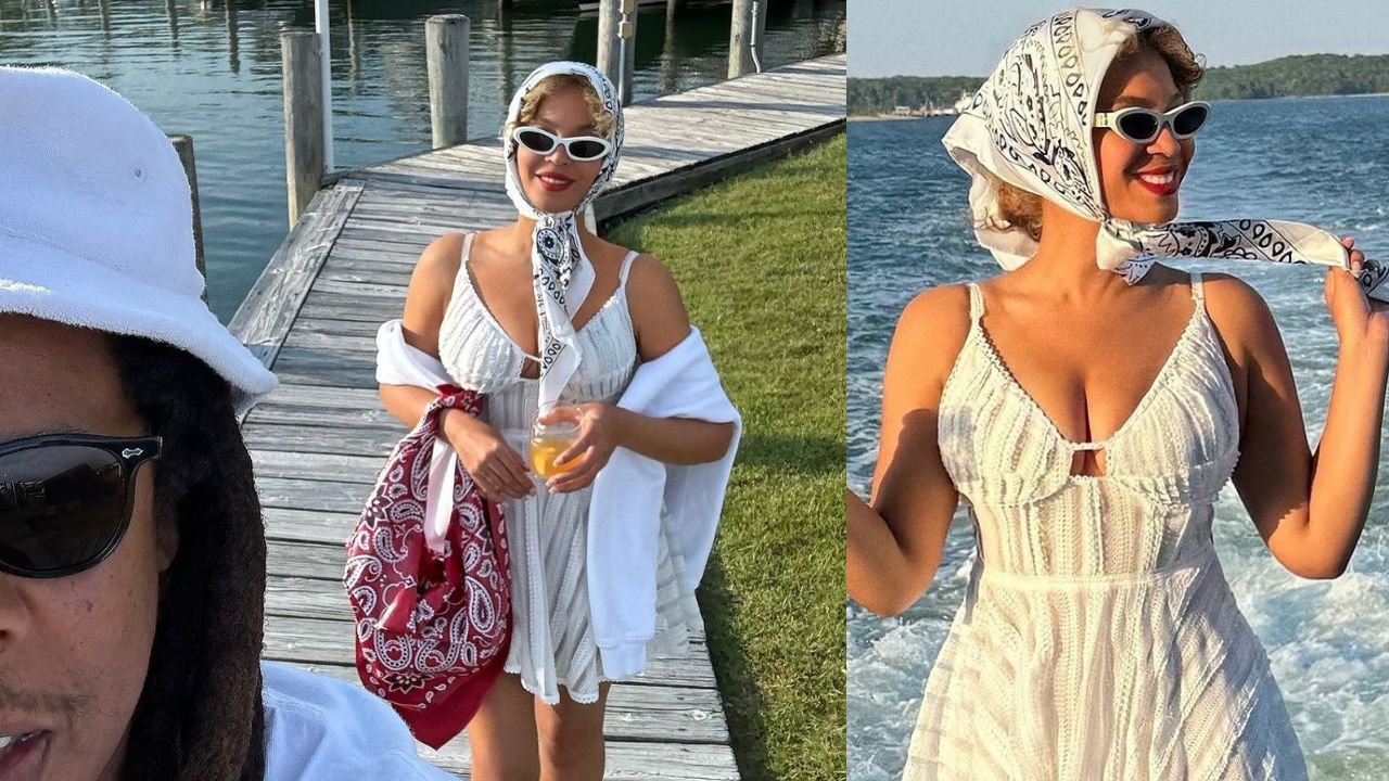 Beyoncé Wore a $470 Retrofete Limmey Mini Dress with Miu Miu Shades and a New Bottega Bandana Print Bag While Vacationing in the Hamptons with Jay-Z