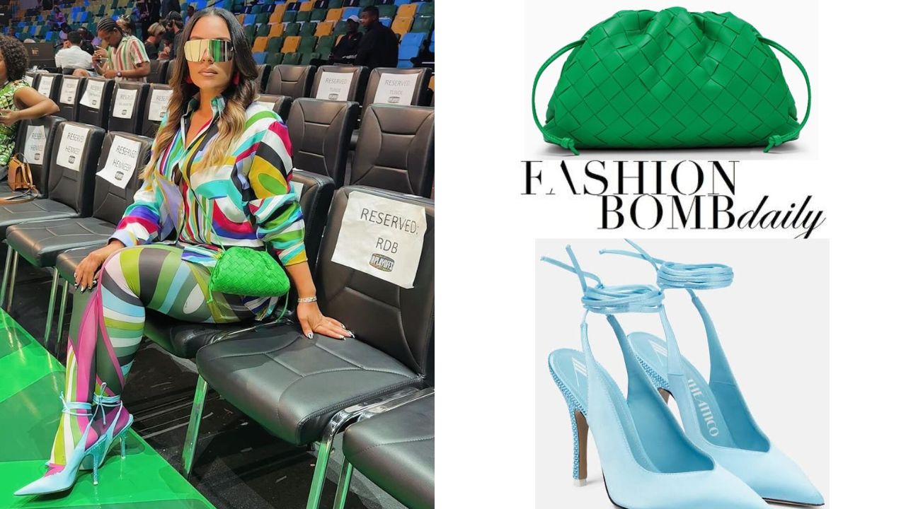 Eudoxie Posed Courtside in a Multicolored Pucci Ensemble with a Green Bottega Veneta Bag and Powder Blue The Attico Heels – Fashion Bomb Daily