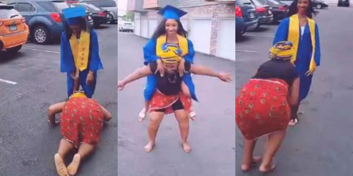 Excited mother dances barefooted as daughter graduates from school