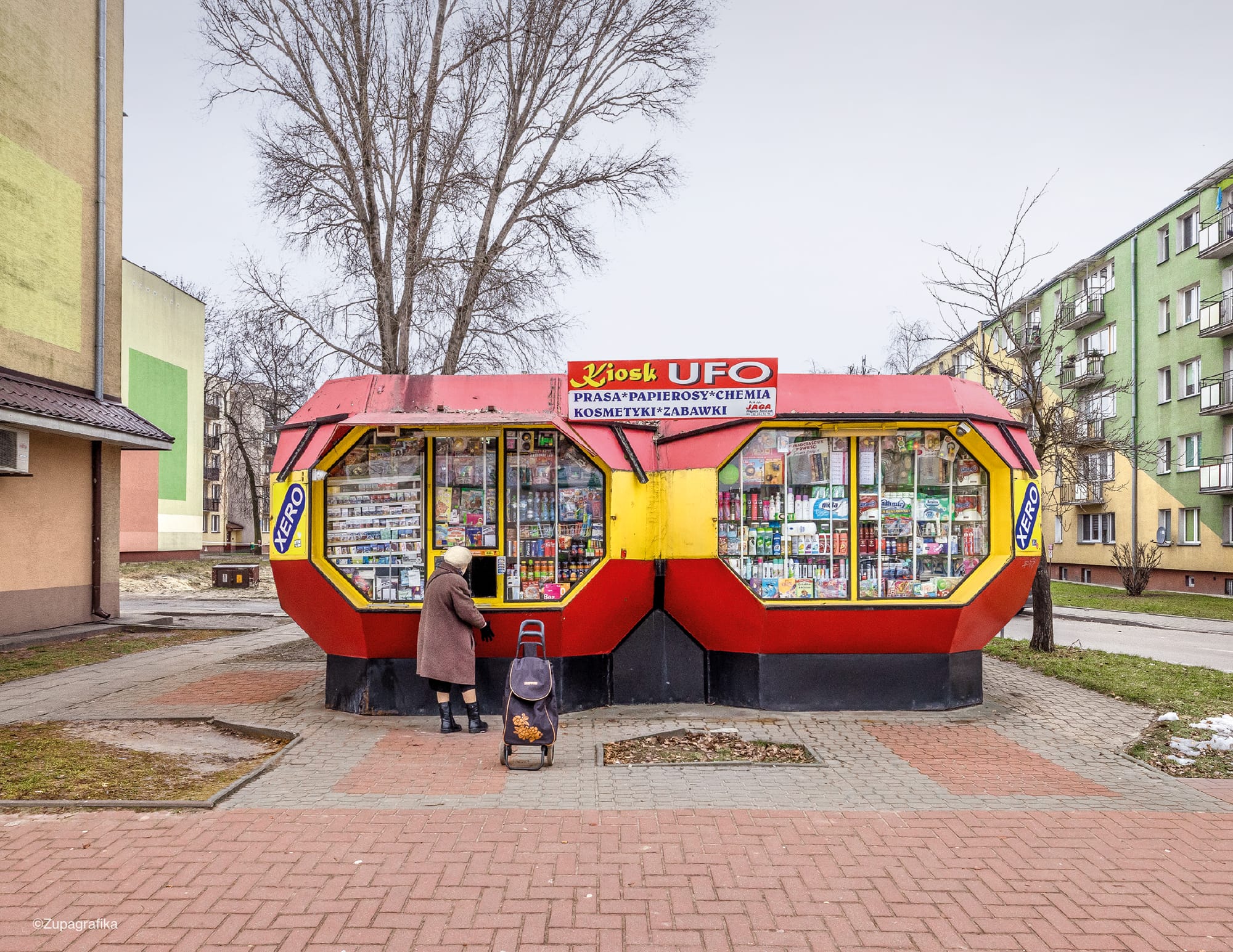 a photograph of a modernist kiosk newsstand in Poland