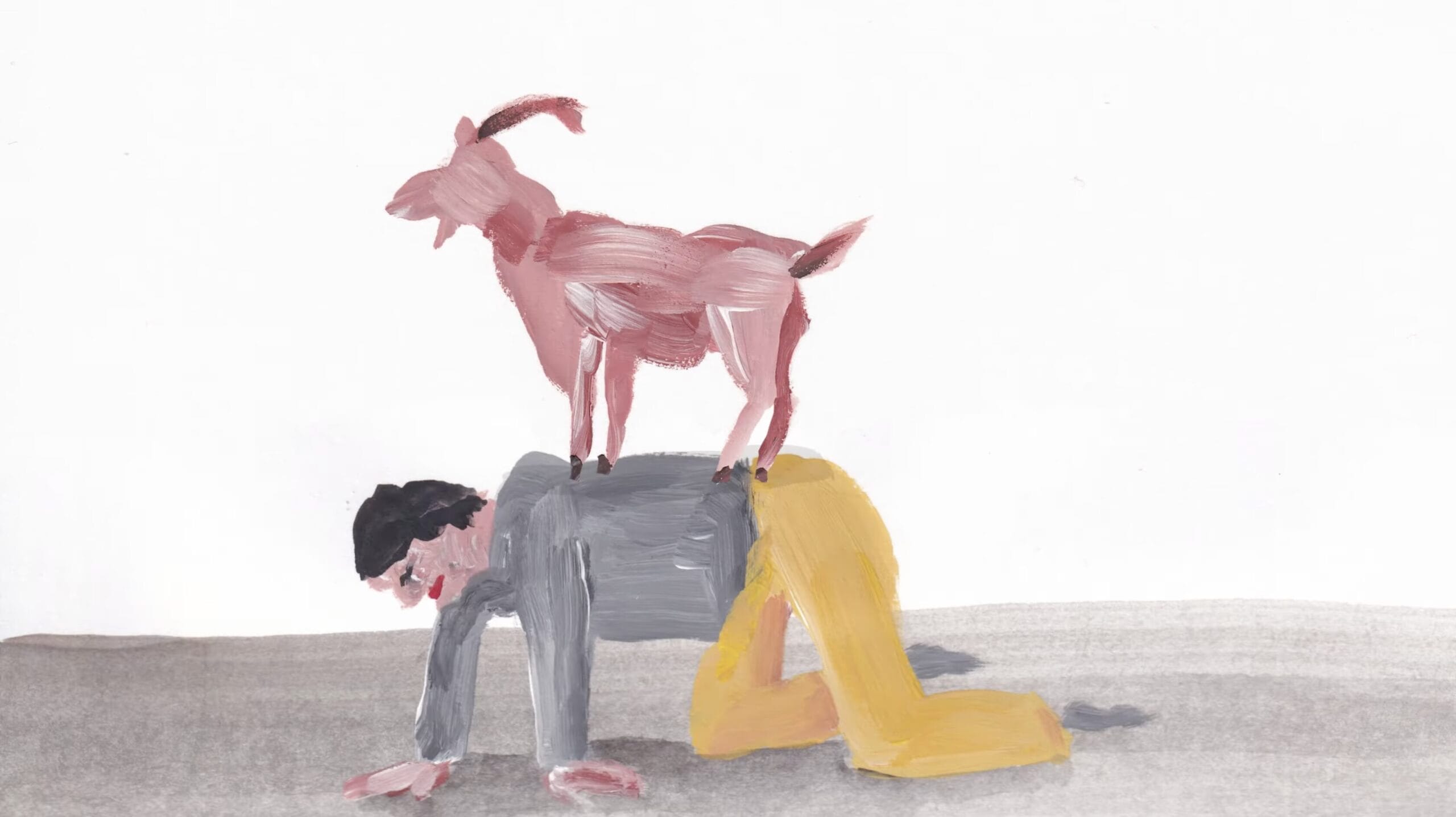 a human figure kneels on all fours while a goat stands atop