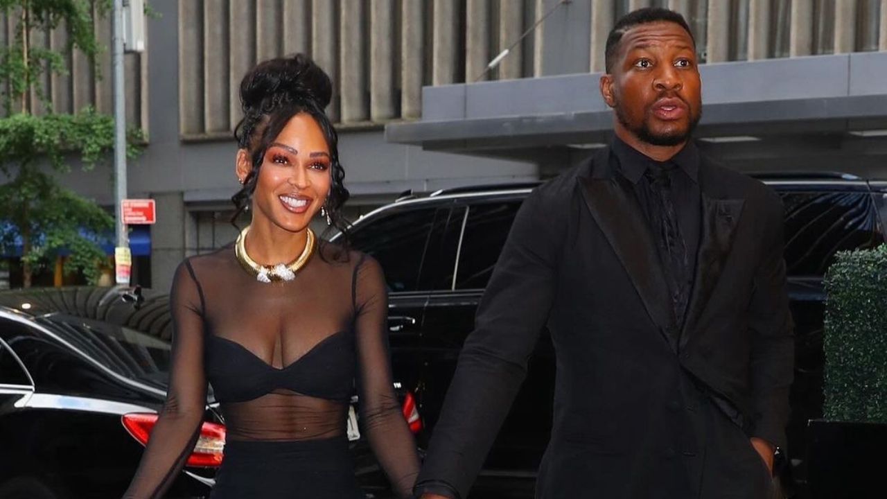 Meagan Good Wore a Black Nookie Dress with Florde Maria Shoe and Alexis Bittar Jewelry to the Frederick Douglass Annual Awards Dinner with Beau Jonathan Majors