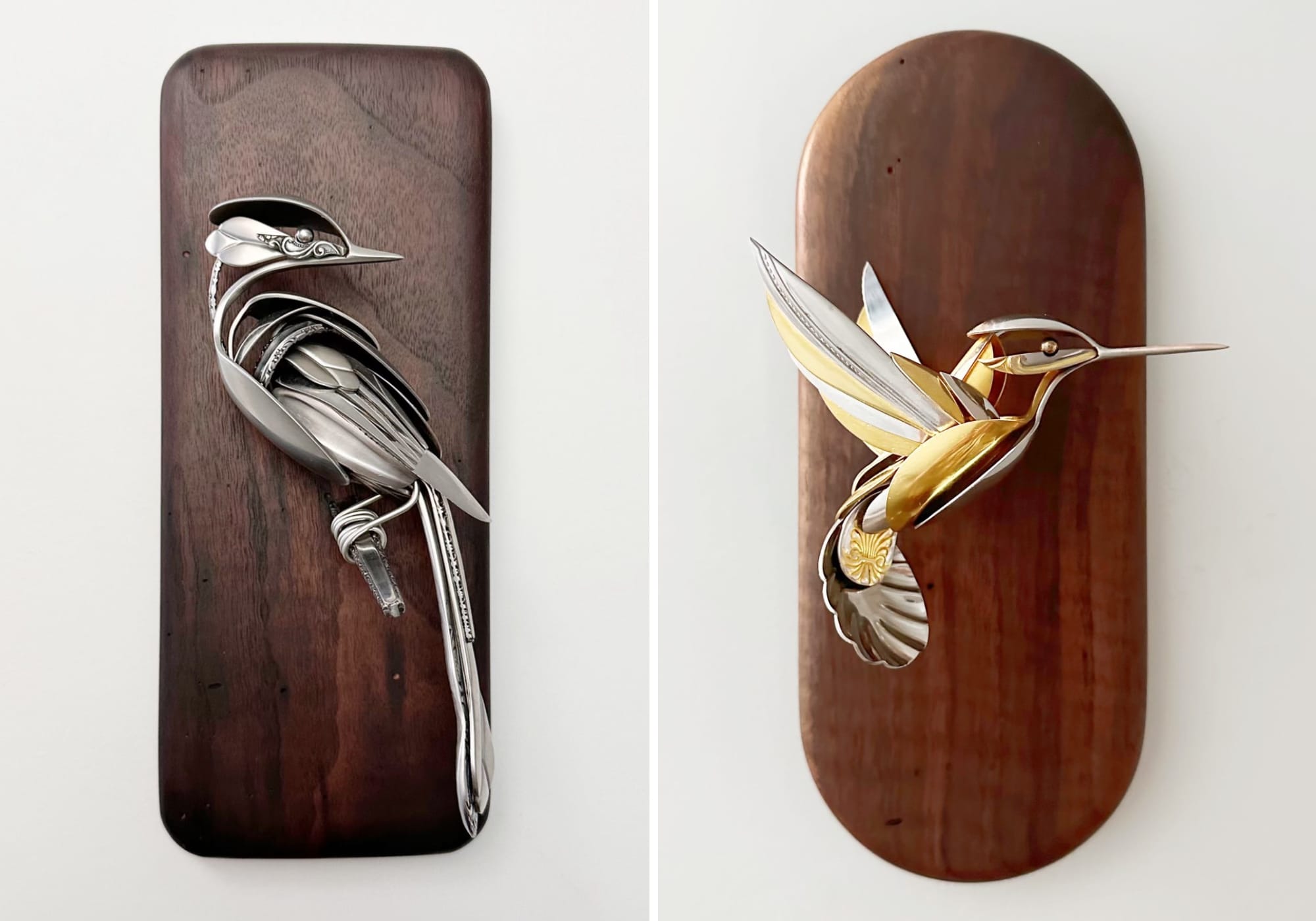 left: against a rectangular wooden frame background, a metal bird made from repurposed silverware perches. right: against an oval wooden frame background, a metal bird made from repurposed silverware perches