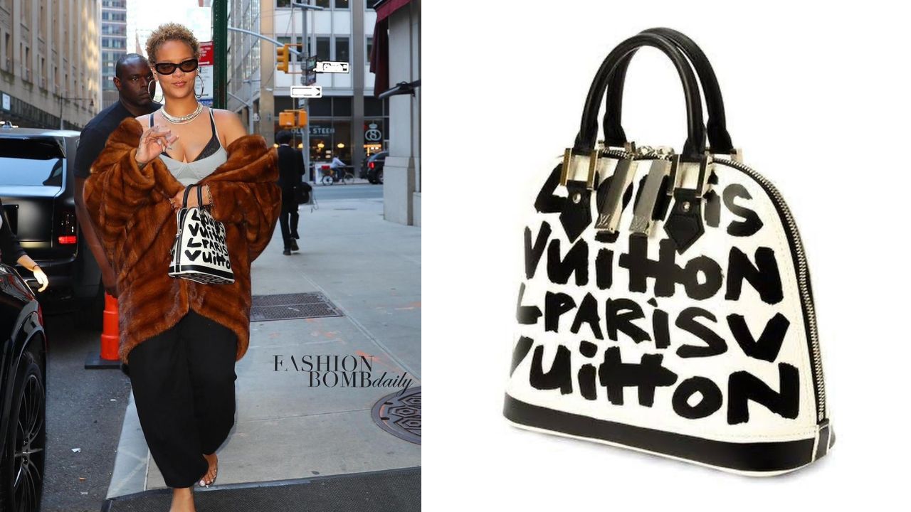 Rihanna Stepped Out in New York in a Brown Vintage John Galliano Mink coat with a Vintage 2001 Louis Vuitton X Stephen Sprouse Handbag