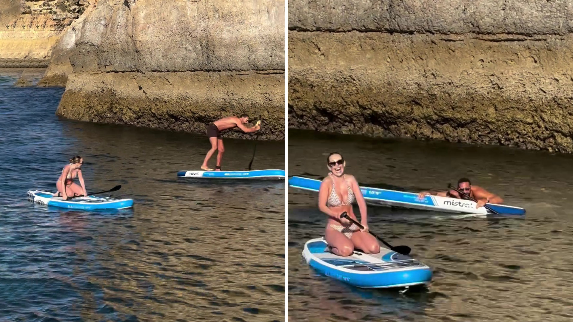 Rio Ferdinand is savaged by bikini-clad wife Kate as he loses balance and belly flops off paddle board on holiday