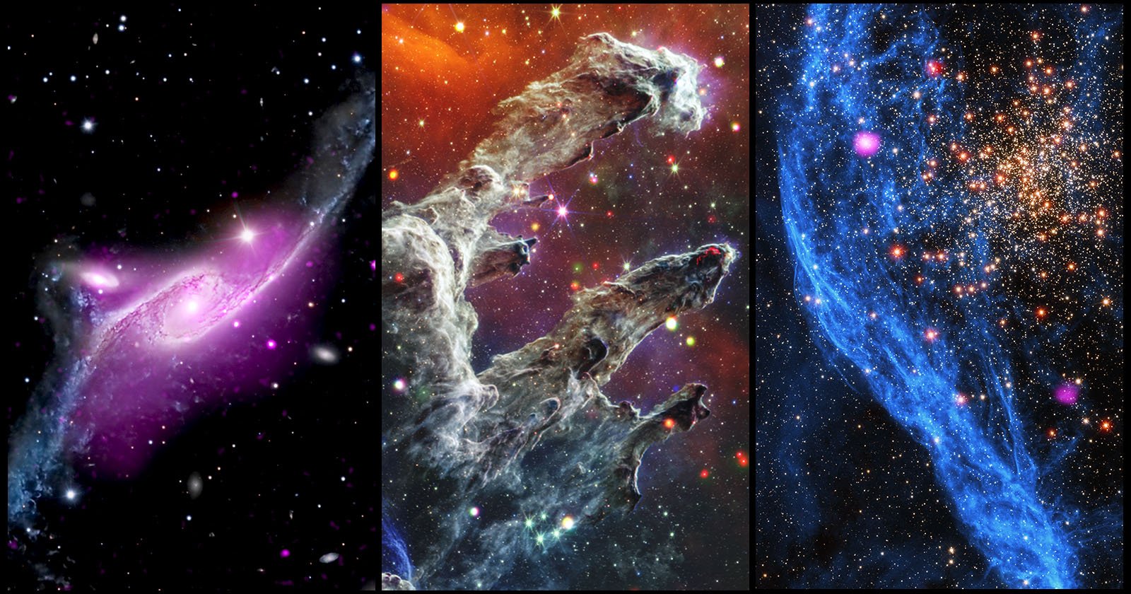 A composite image showcases three different views of deep space. The left panel features a purple and pink galaxy; the middle panel shows the "Pillars of Creation," with dense, colorful clouds of gas and dust; the right panel displays a glittering star cluster amid blue nebulae.