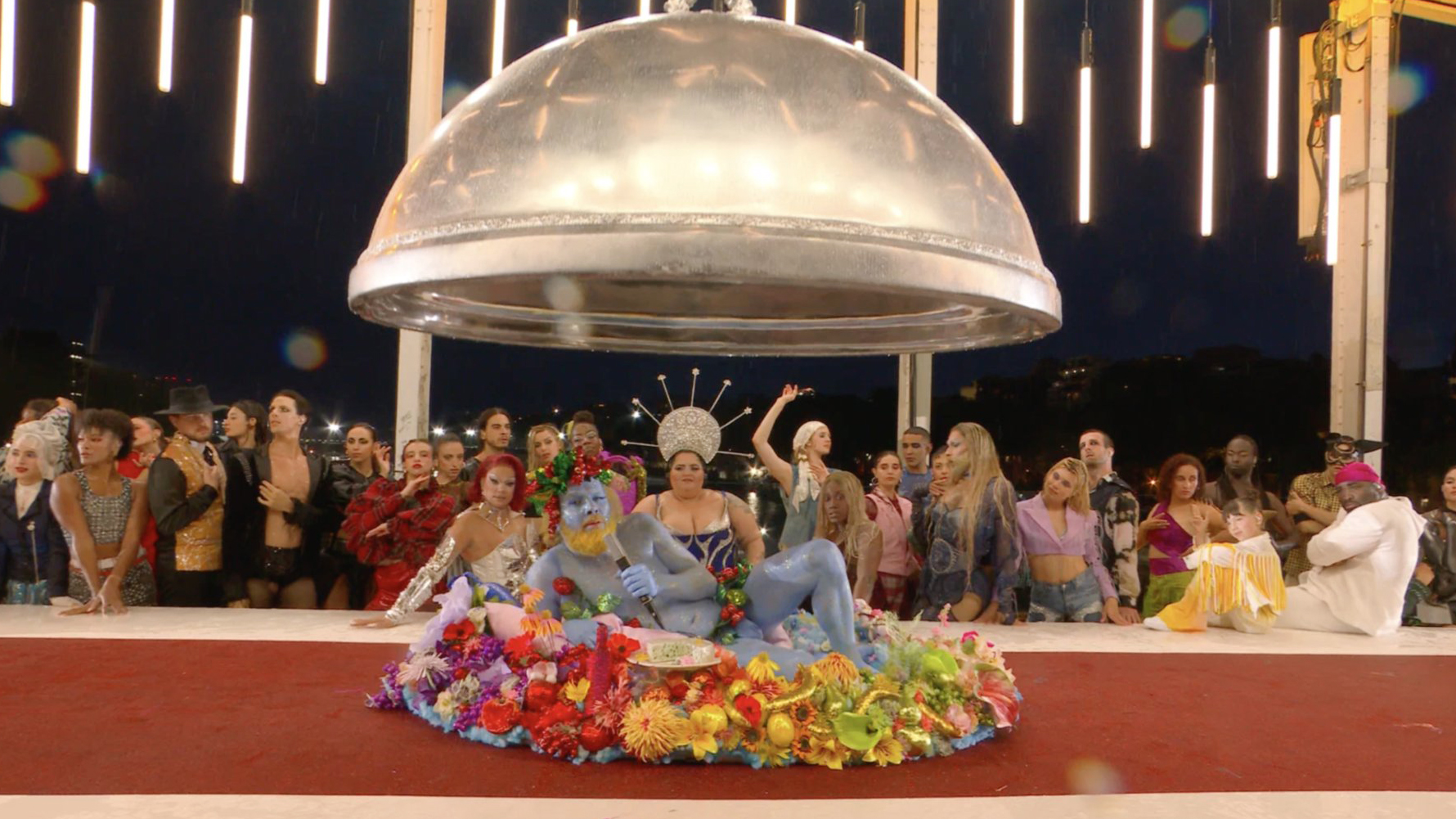 This scene during the opening ceremony of the Olympic Games in Paris, Friday, July 26, 2024, was meant to represent the Greek gods during a banquet, according to organizers. (Video screen grab)