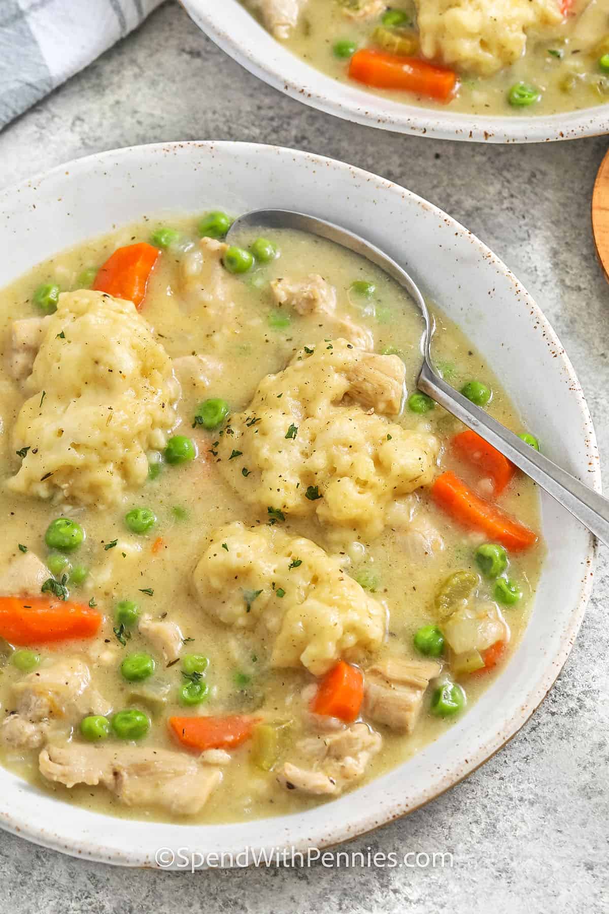 close up of a bowl of Chicken Dumpling Soup with a spoon