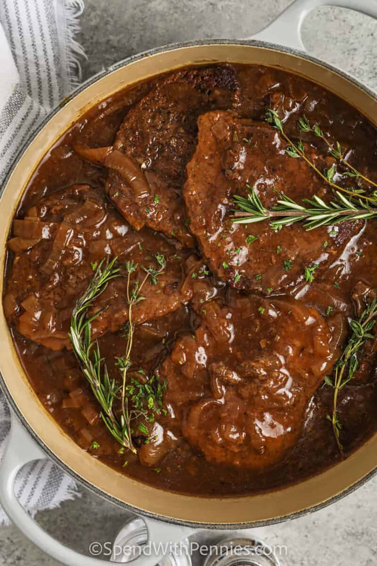 pot of Cube Steaks with Balsamic Onion Gravy