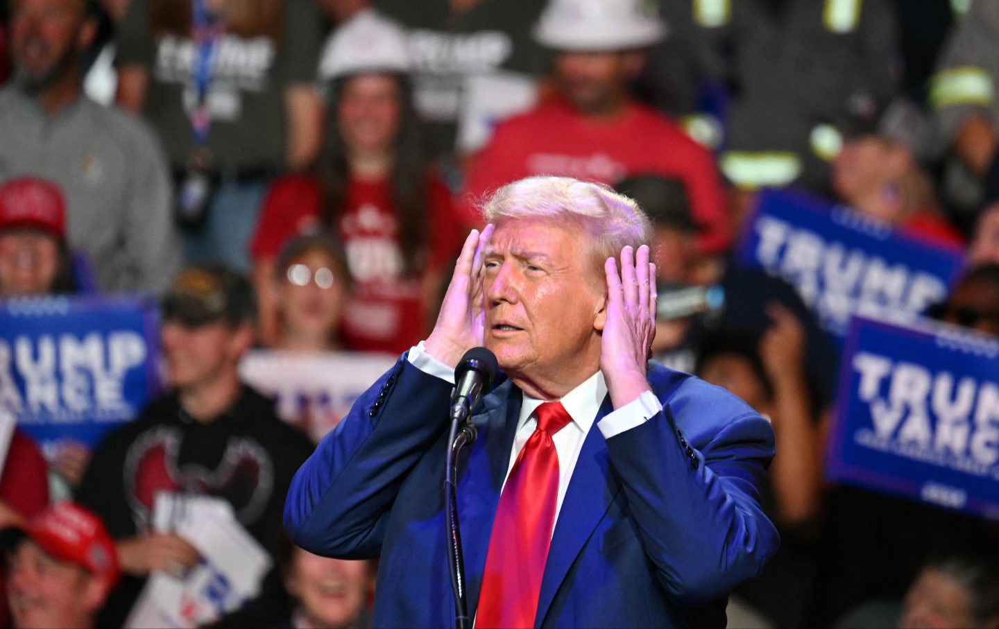 Donald Trump gestures as he speaks during a campaign rally at Ed Fry Arena in Indiana, Pennsylvania, on September 23, 2024.