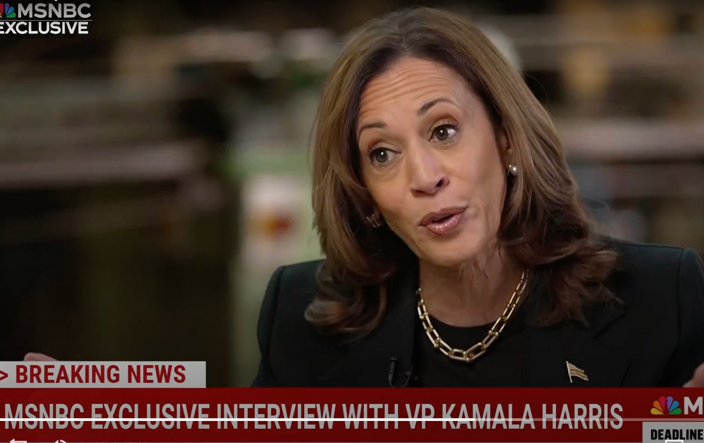 A still from Stephanie Ruhle’s interview with Vice President Kamala Harris, focused on Harris.