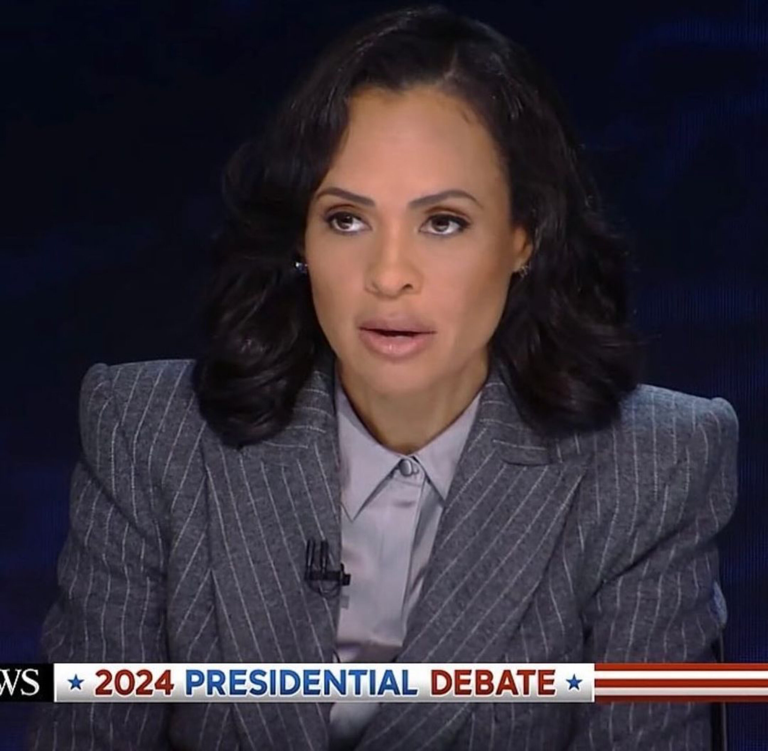 Linsey Davis Wears Alex Perry Gray Pinstriped Suit to Moderate the Presidential Debate 2024