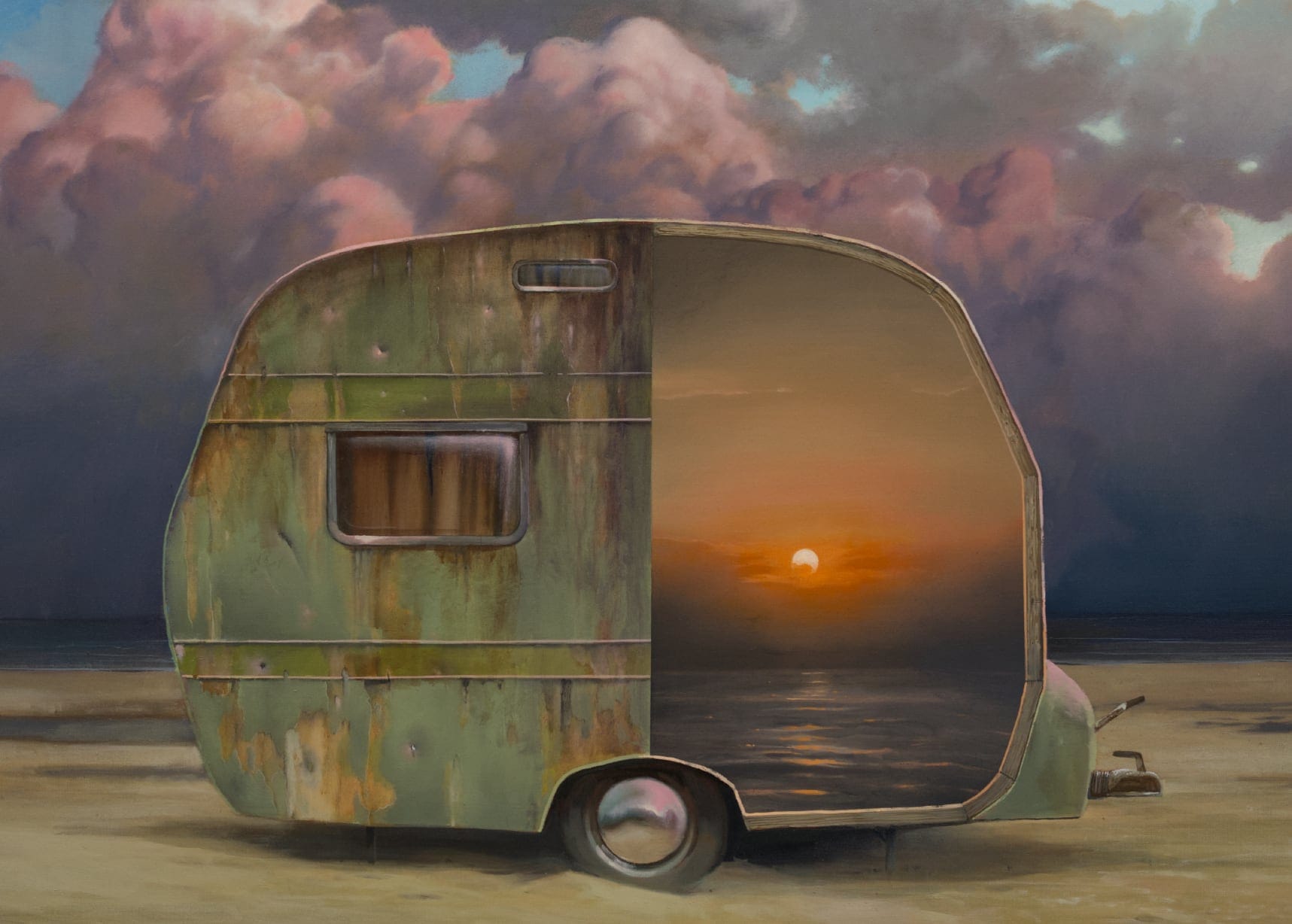 a painting of a trailer camper with half the side revealing a sunset. pink and white clouds float in the background