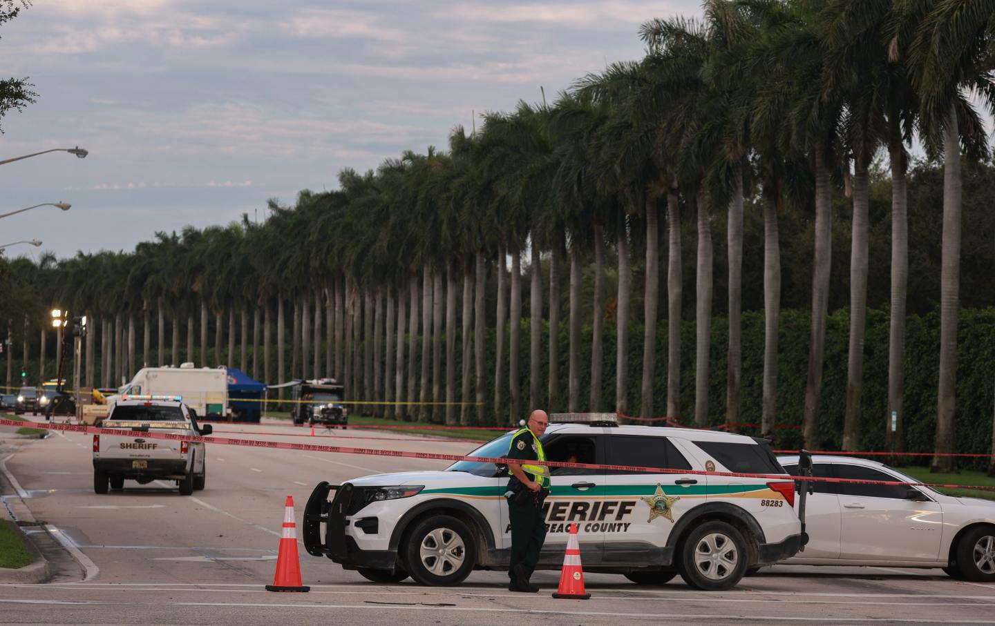 Tall trees line a highway with police cars and police officers in the foreground.