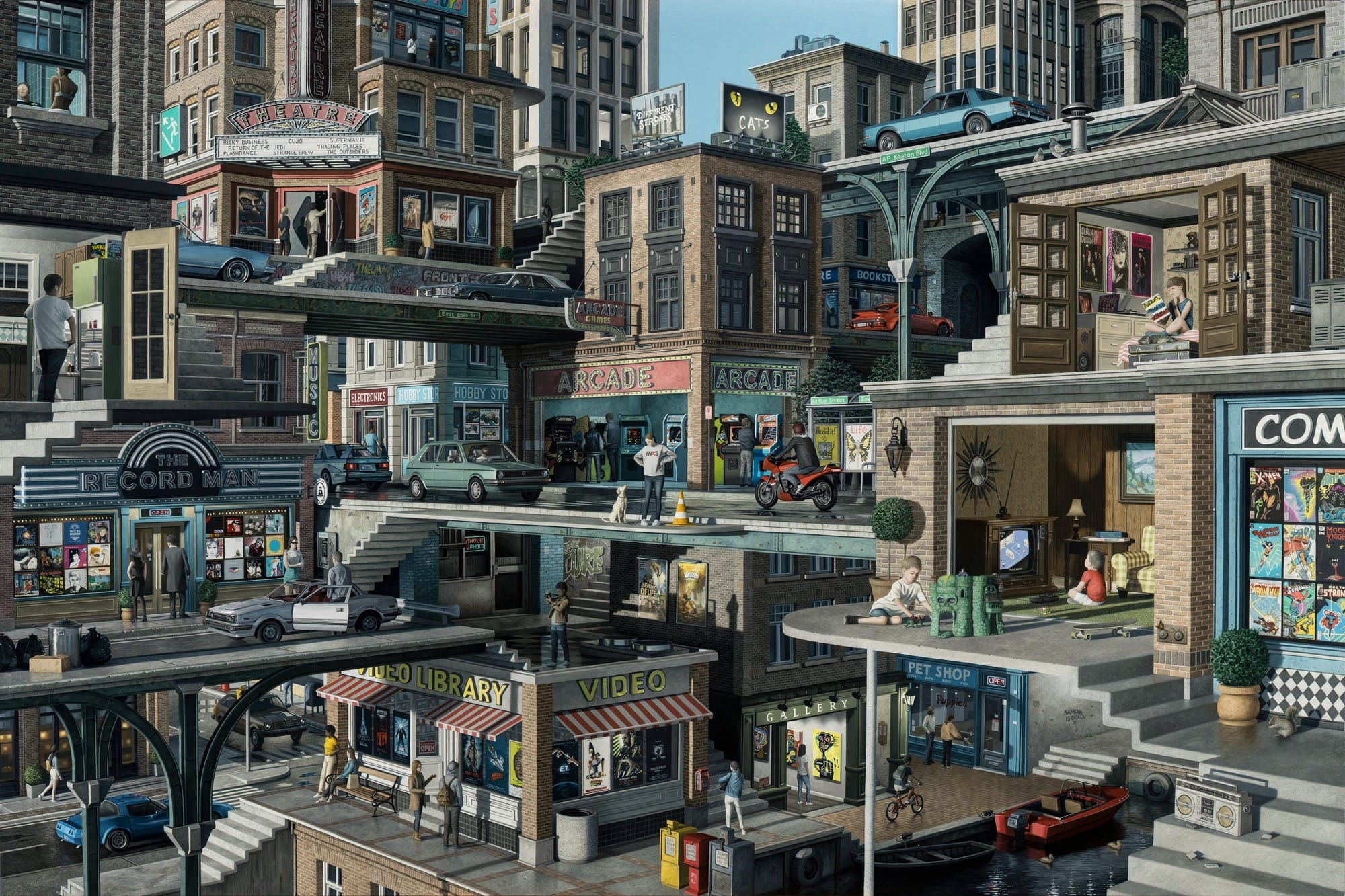 a square-format painting of a very detailed imaginary city scene with stacks of buildings, staircases, sidewalks, and platforms filled with people, cars, and advertising