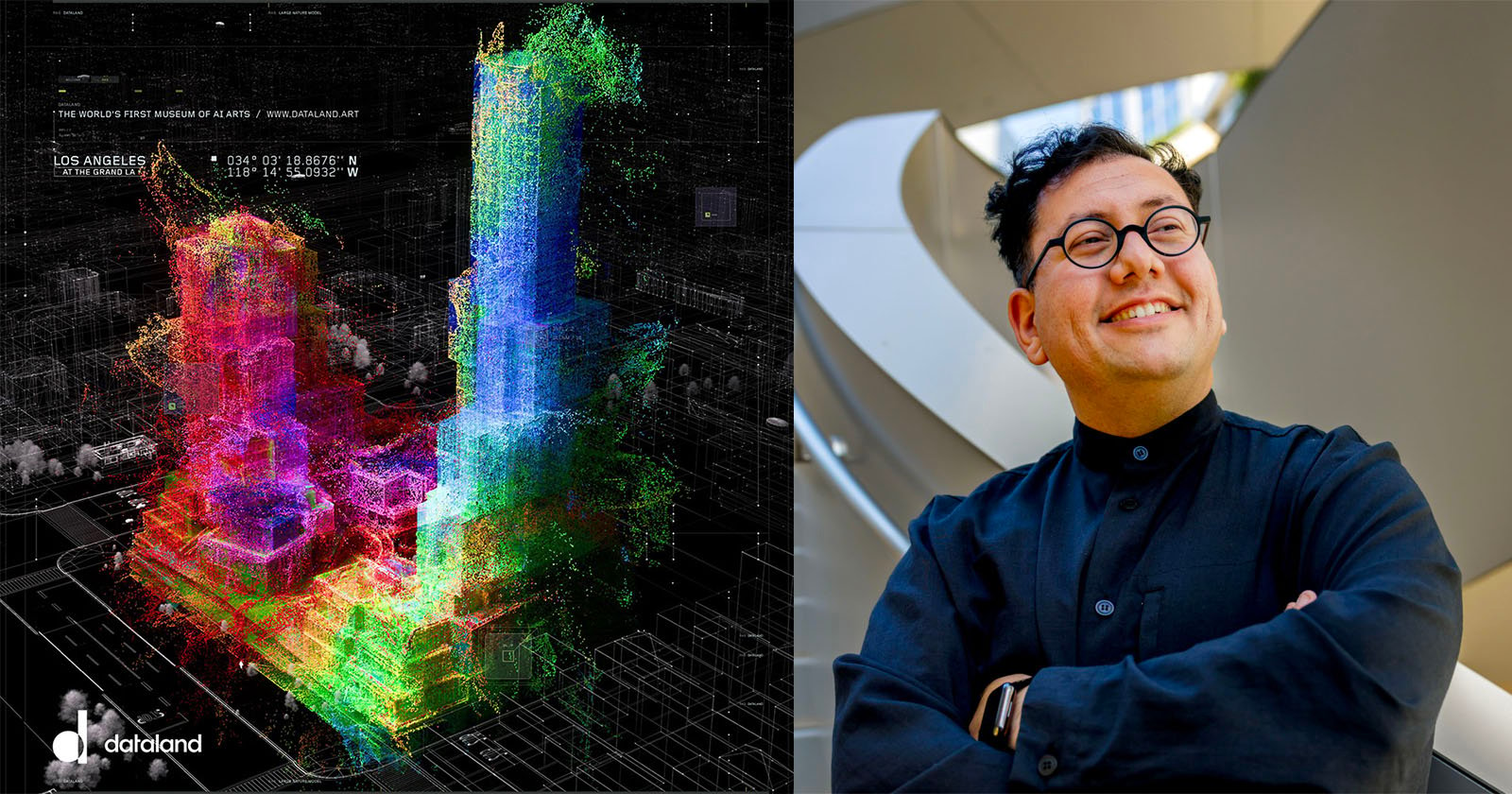 A split image with a colorful 3D digital rendering of buildings on the left and a person wearing glasses, standing with arms crossed and smiling, on the right. The background behind the person appears to be a modern architectural structure.