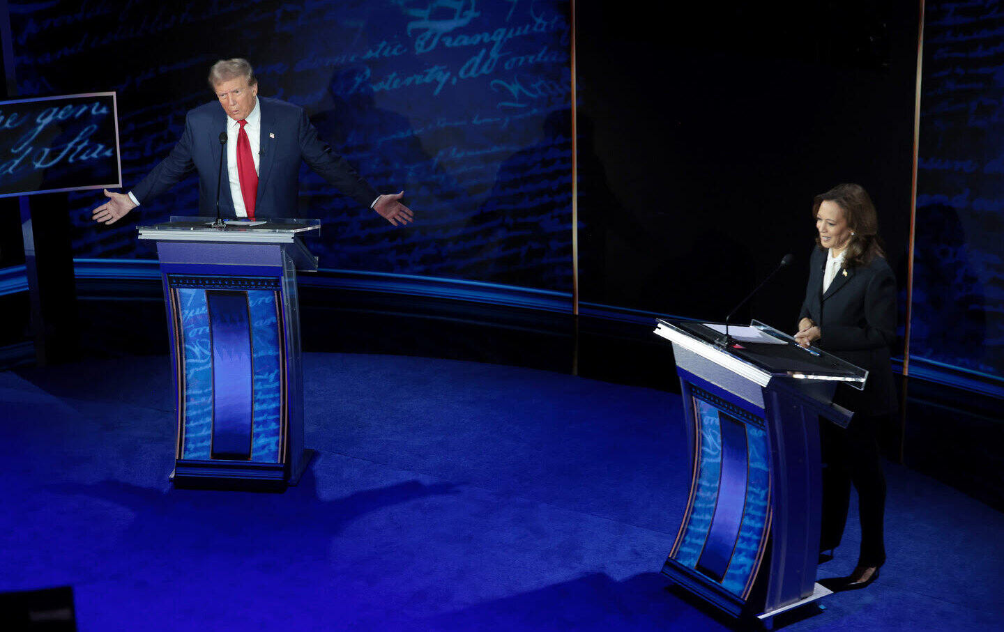 Former US president Donald Trump and US Vice President Kamala Harris during the second presidential debate in Philadelphia on September 10, 2024.