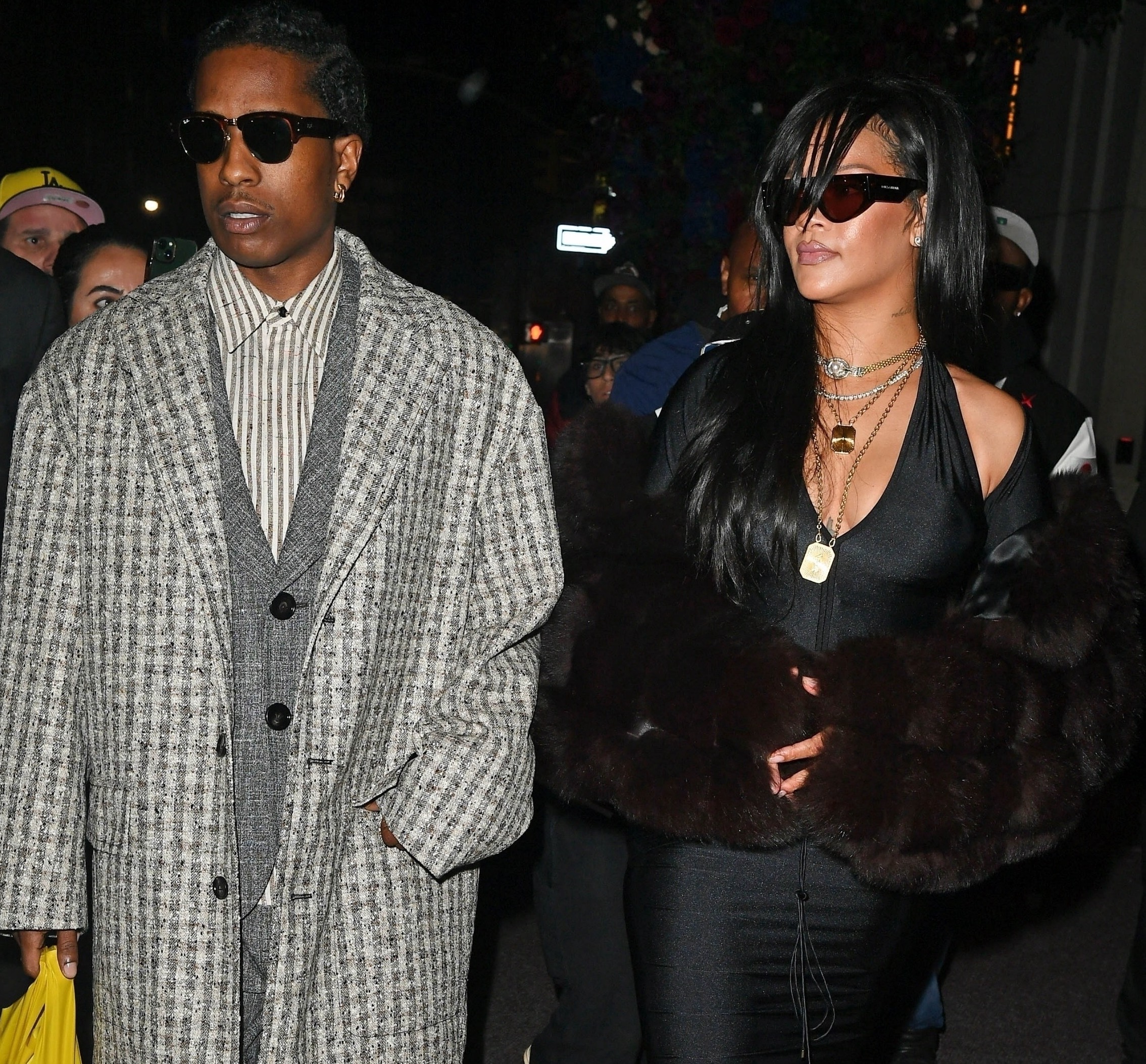 Rihanna and ASAP Rocky Step out for Date Night, with Rihanna in a Black Laquan Smith Spring 2025 Dress and Asap in Bottega Veneta