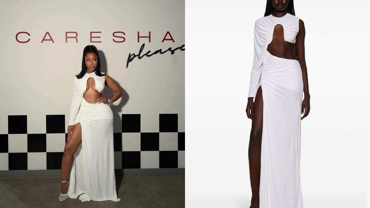 Yung Miami Wore a White Pre-Fall 2024 Christopher Esber ‘Chicane’ Dress with Alaia Shoes on her Caresha Please Show (Shop The Look Here!)