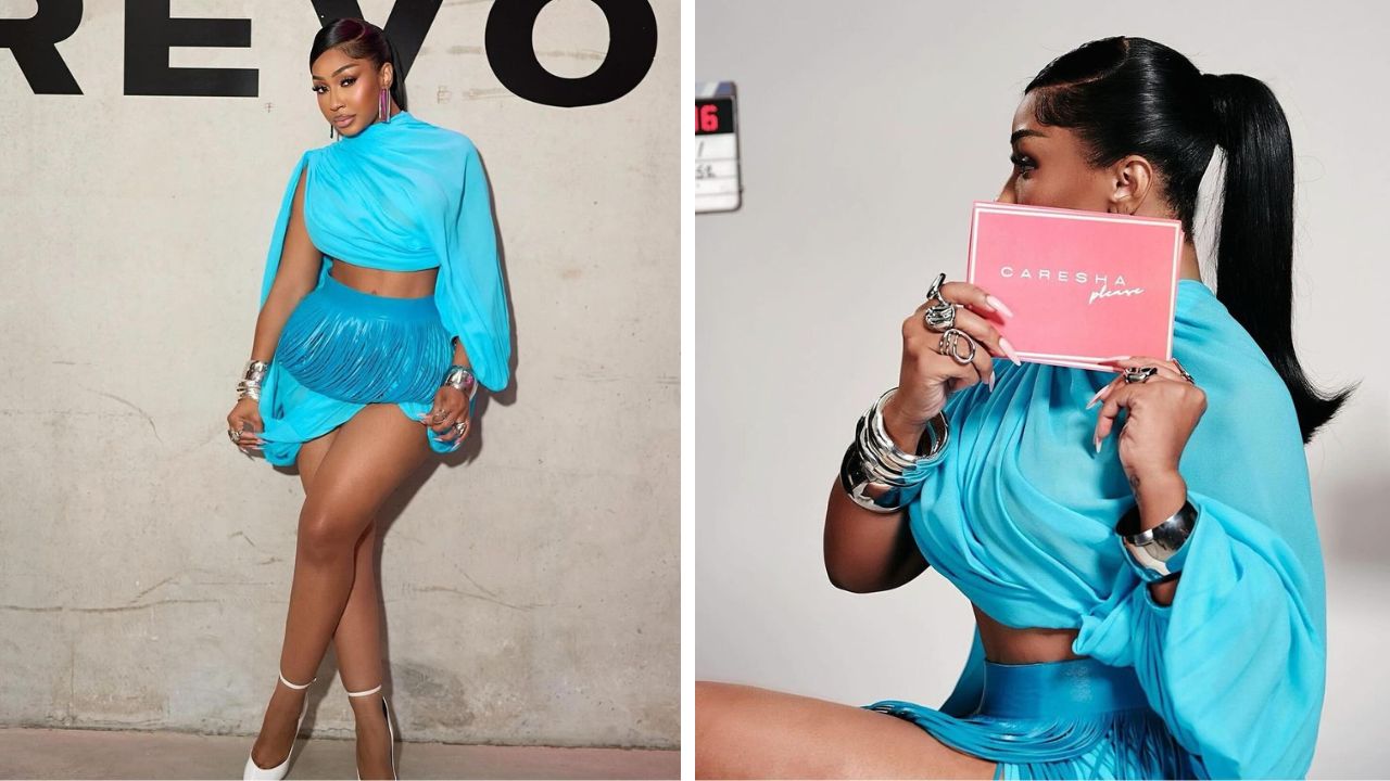 qW9056789QYung Miami Wore a Turquoise Alaia Look On The Set of Her ‘Caresha Please’ Show